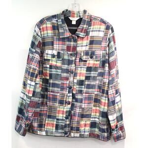 CJ Banks Jacket Plaid Patchwork Womens size X/14W Blue Scallop Pocket Button Up